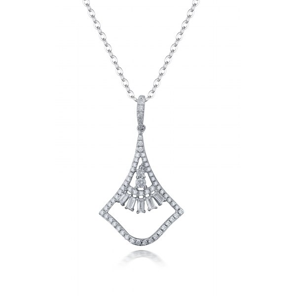 Harp Prong Diamond Pendant 18K White Gold 