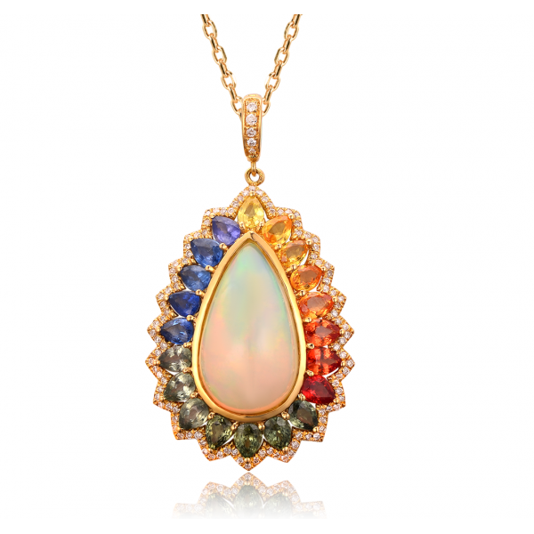 Opal Sapphire Diamond Pendant 18K Yellow Gold