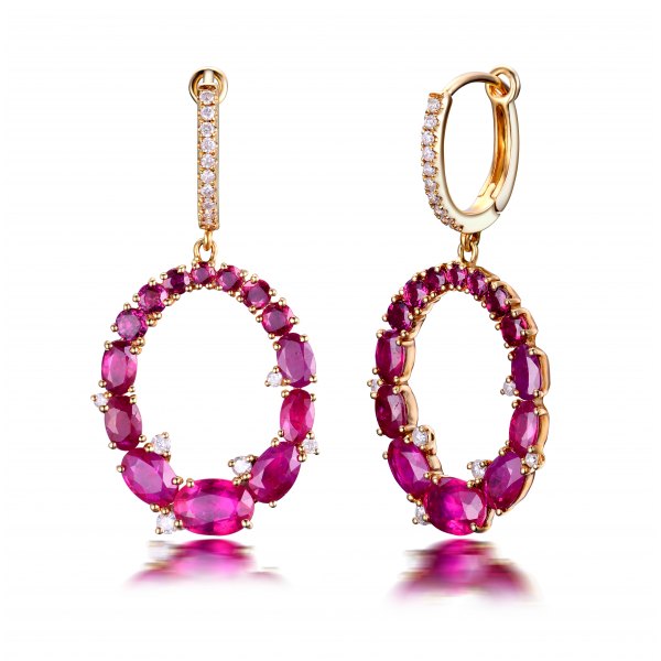 Ovale Glass Filled Ruby Diamond Earring 18K Yellow Gold 