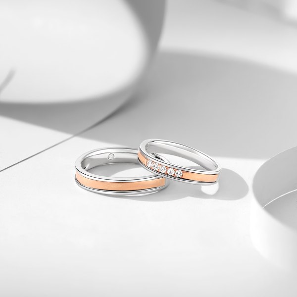 Camille White and Rose Gold Diamond Wedding Ring (Pair)