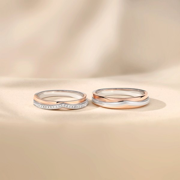 Tsutomu White & Rose Gold Diamond Wedding Ring (Pair)