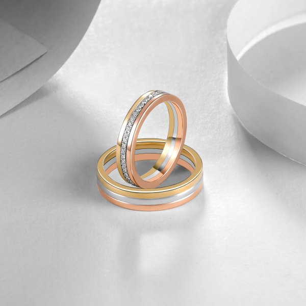 François White, Yellow and Rose Gold Diamond Wedding Ring (Pair)