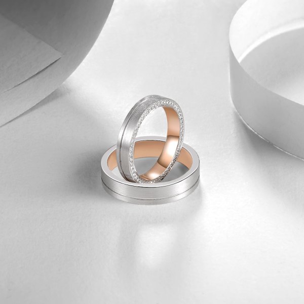 Grilim Diamond Wedding Ring in 18K White and Rose Gold (Pair)