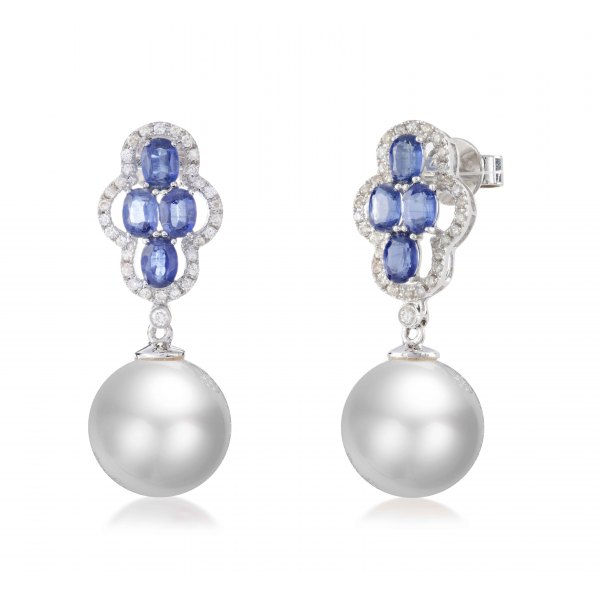 Grose Sapphire Pearl Diamond Earring 18K White Gold  