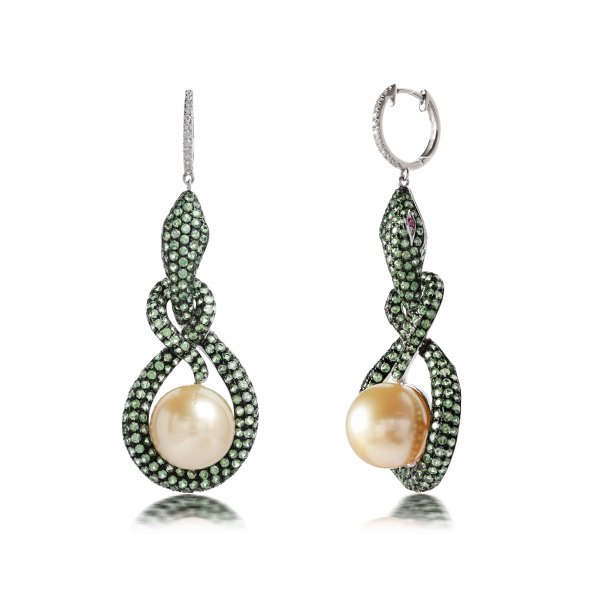 Styx Green Garnet Pearl Diamond Earring 18K White Gold 